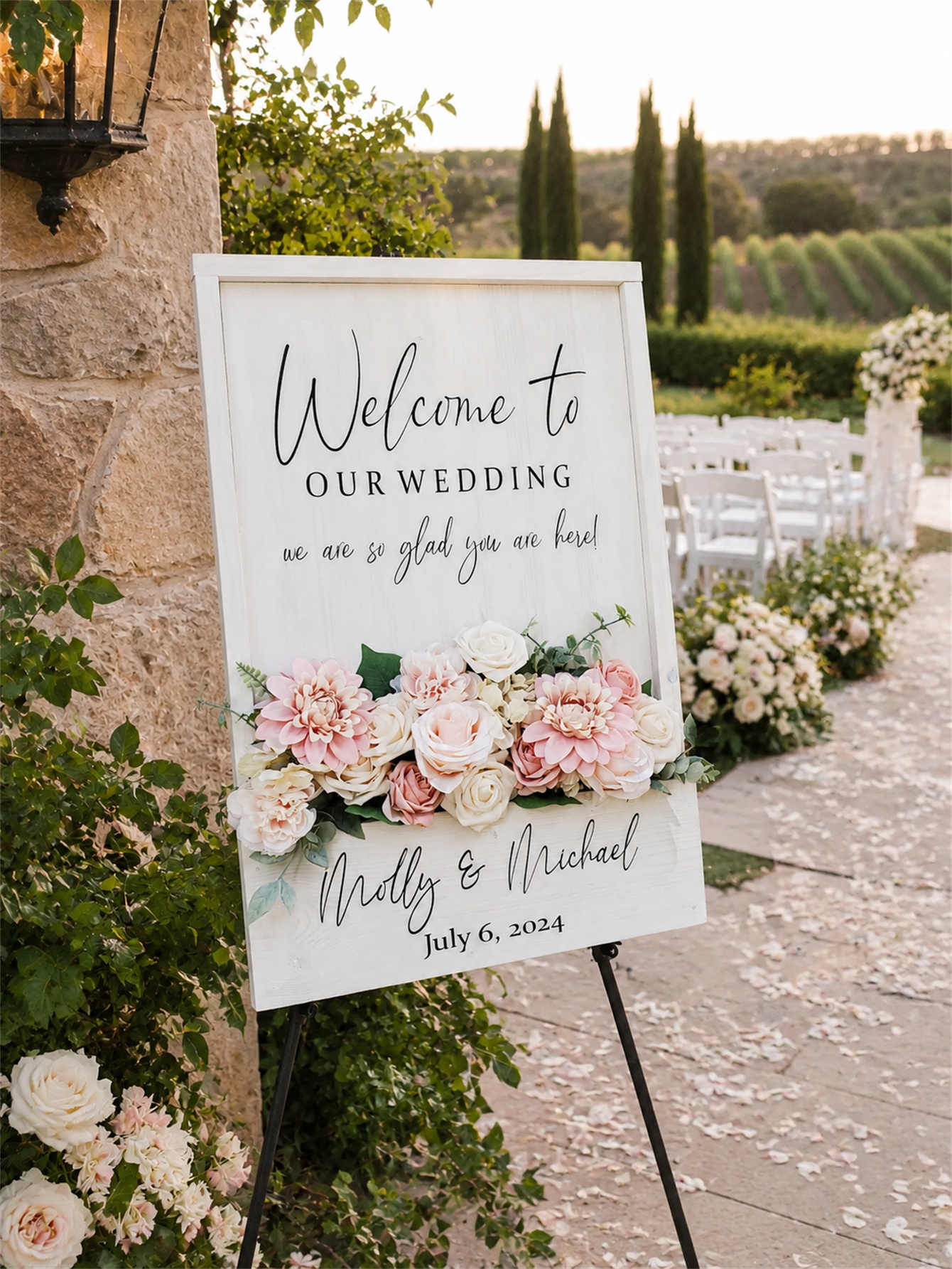 Wooden wedding welcome signs and flowers, custom flower box wedding signs, simple wedding entrance decorations, personalized name and date signs, ceremony reception